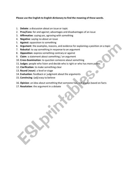 Debate Vocabulary Matching And Answers Esl Worksheet By Eslteachrto