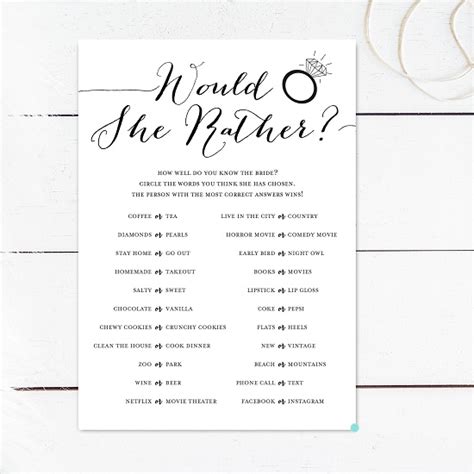 Would She Rather Bridal Shower Game Free Printable Bridal