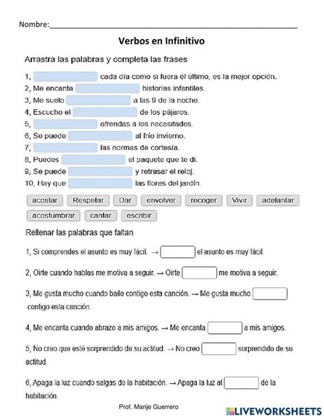 Verbos En Infinitivo 6to Worksheet