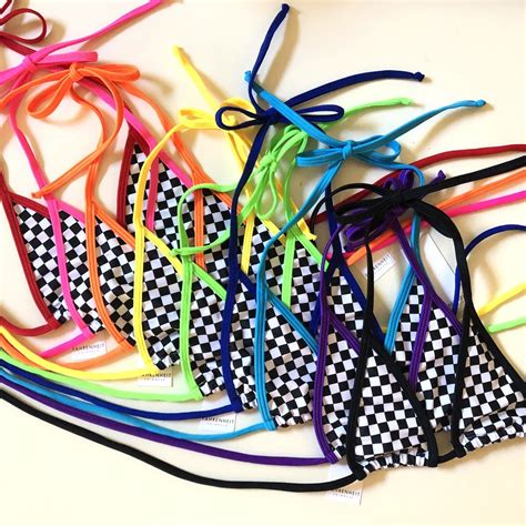 Extreme Micro Race Car Black And White Checkered Flag Bikini Top