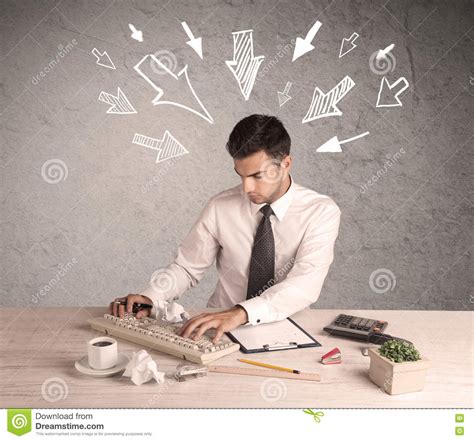 Busy Office Worker With Drawn Arrows Stock Photo Image Of Bright