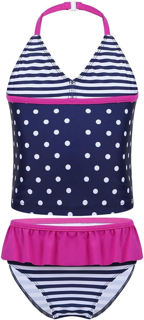 dPois dPois Mädchen Zweiteiler Tankini Bikini Set Neckholder Oberteil Badeslip mit Rüschen Polka