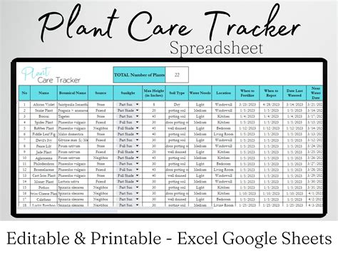 Plant Care Tracker Excel Spreadsheet Houseplants Care House Plant