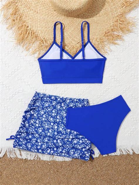 Conjunto de Maiô Bikini Estampa Floral e Saia de Praia para Meninas Pré Adolescentes Verão