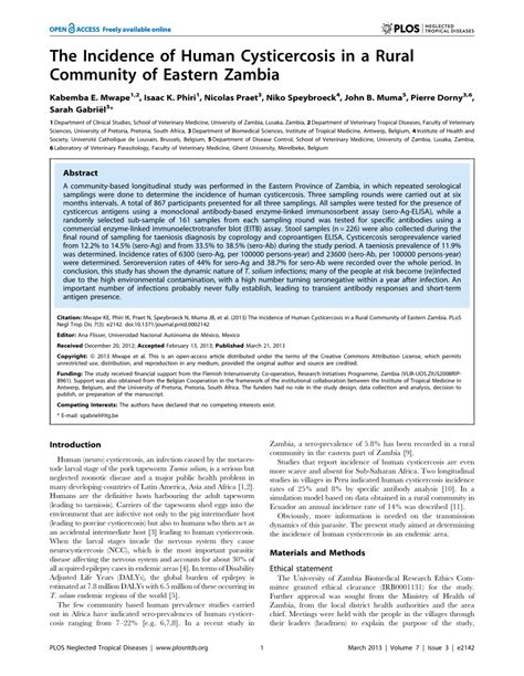 Pdf The Incidence Of Human Cysticercosis In A Rural Community Of