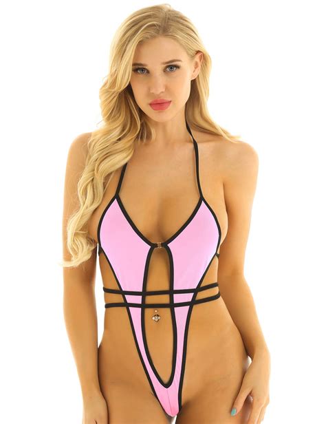 Buy YOOJIA Womens One Piece Halter Bodysuit Self Tie High Cut Thong Mini Micro Bikini Sunbathing