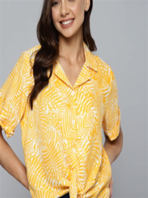 Buy Mast And Harbour Women Mustard Yellow And White Printed Cuban Collar