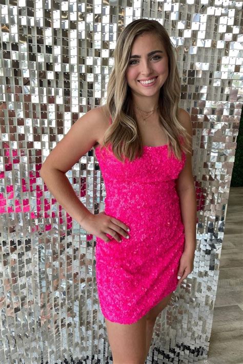 Straps Hot Pink Sequined Tight Homecoming Dress Bodycon Dress Homecoming Pink Homecoming