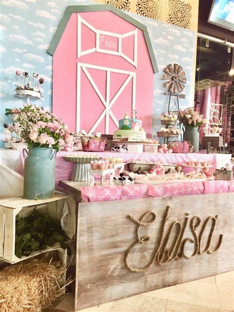 Pink Barnyard Dessert Table From A Farm Girl Baby Shower On Kara S