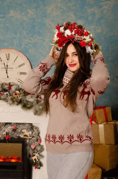 Attractive Brunette Woman Posing Fireplace Christmas Decorated Studio Stock Editorial Photo