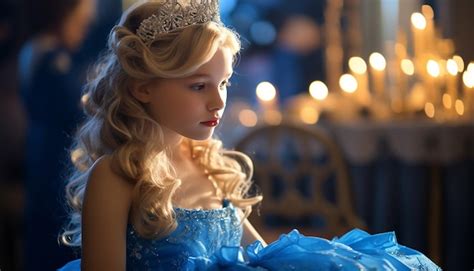Premium AI Image A Girl Like Princess Blonde Hair In A Blue Princess Dress