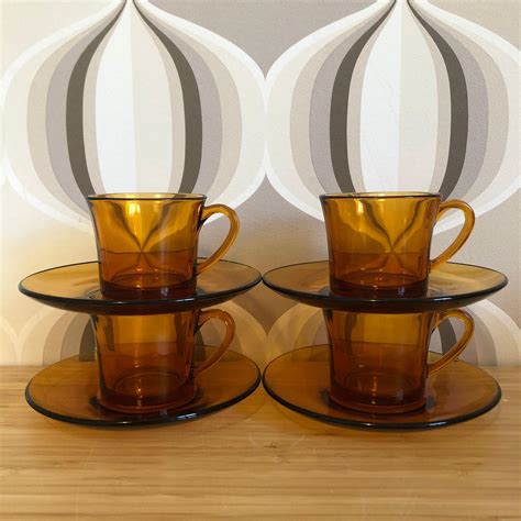 4 Amber Glass Espresso Duralex Cup And Saucers Etsy