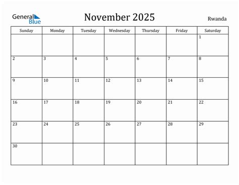 November 2025 Monthly Calendar with Rwanda Holidays
