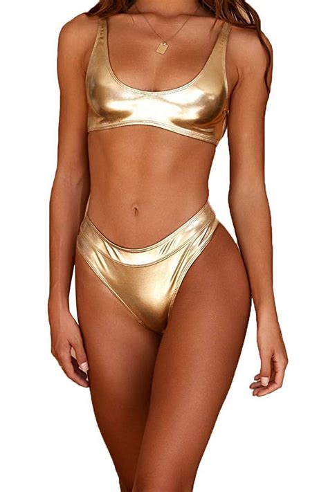 Loalirando Women Bikini Set Summer Female Metallic Shiny Swimsuit