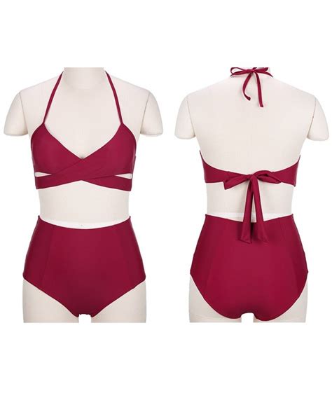 Halter High Waist Bikini Cross Bandage Wrap Swimsuit For Women Winered Co K