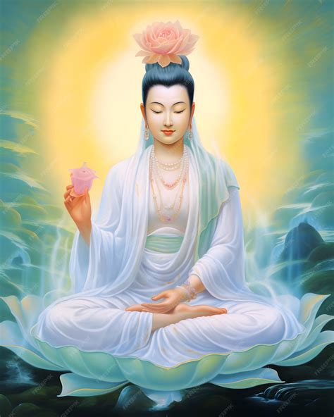 Premium AI Image | Healing with Kuan Yin Guanyin on the lotus leaves