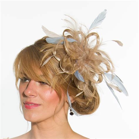 Taupe Nude Satin And Feathers With Baby Blue Highlights Small Feather Fascinator Hat Abbie