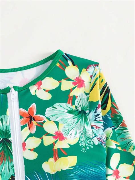 SHEIN Swim SPRTY Tropical Print Zipper Front Bikini Top SHEIN USA