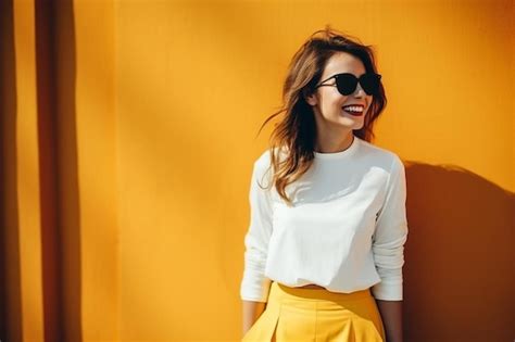 Portrait Of Beautiful Smiling Brunette Model Dressed In Summer Hipster Clothes Premium AI