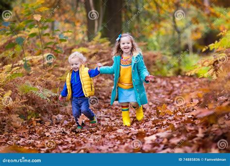 Kids Playing in Autumn Park Stock Photo - Image of brother, coat: 74885836