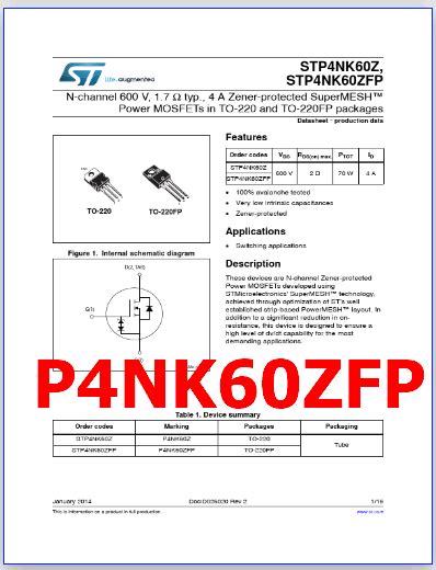 P4NK60ZFP PDF Datasheet 600V MOSFET STP4NK60ZFP