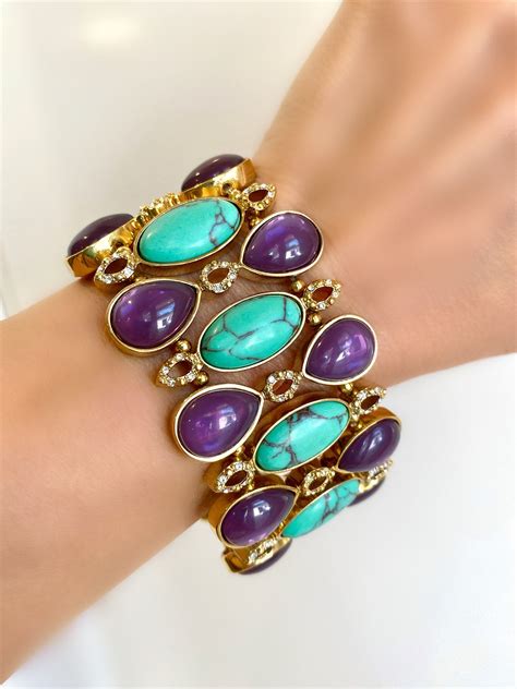 Turquoise Amethyst Crystal Gold Statement Bracelet Gold Mixed Etsy