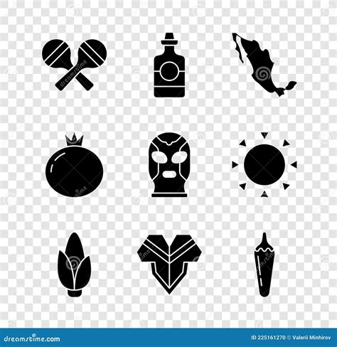 Set Maracas Tequila Bottle Map Of Mexican Corn Poncho Hot Chili Pepper Pod Tomato And