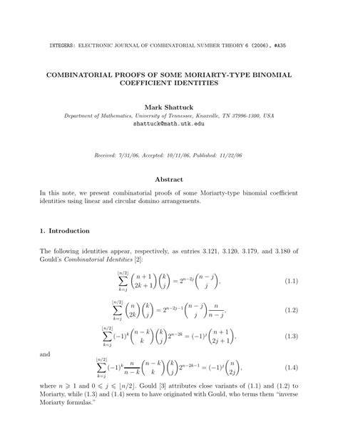 Pdf Combinatorial Proofs Of Some Moriarty Type Binomial Coefficient