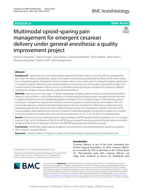 PDF Multimodal Opioid Sparing Pain Management For Emergent Cesarean