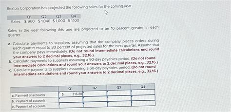 Solved Sexton Corporation Has Projected The Following Sales Chegg