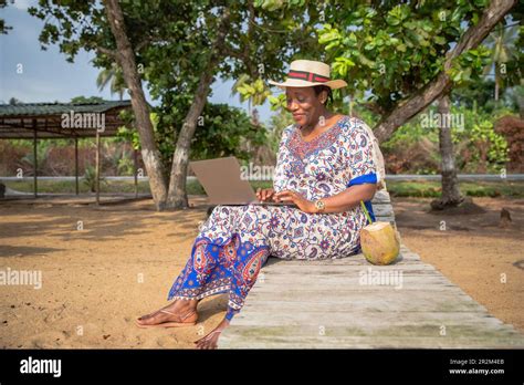 A Mature Woman Works On Her Laptop While Sitting In A Lounge Chair At The Beach Stock Photo Alamy