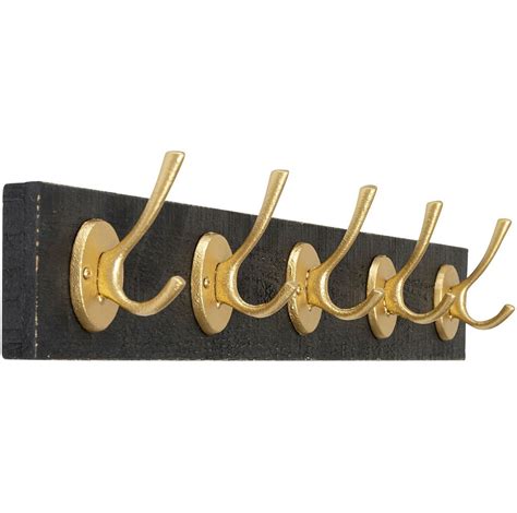 Вешалка настенная деревянная со стальными крючками черная, золото ...