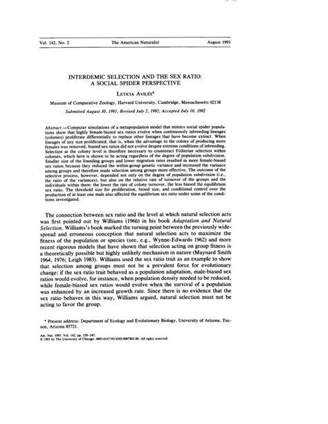 PDF Interdemic Selection And The Sex Ratio A Social Spider Perspective