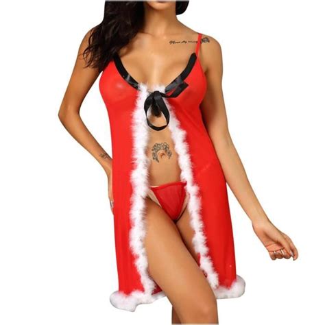 Femmes Sexy Rouge De Noël Lingerie Sexy Jupe Fendue Tenue De Noël Sexy Lingerie Pyjama l33384