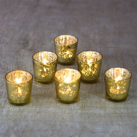 6 Pack Vintage Mercury Glass Tea Light Candle Holders 25 Inch Lila Design Liquid Motif Gold