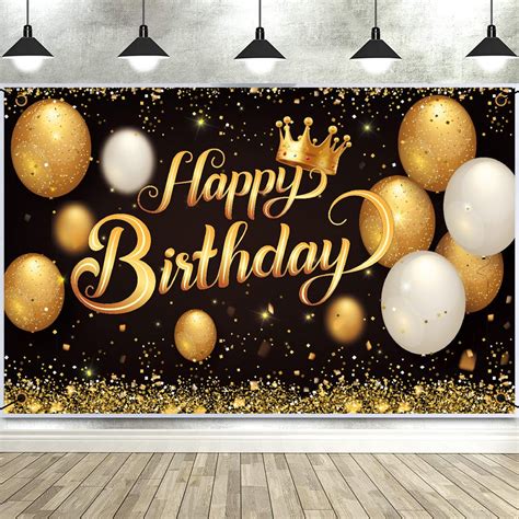 Happy Birthday Backdrop Banner Large Black Gold Balloon Star Fireworks