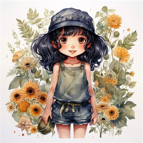 Adorável clipart de aquarela estilo kawaii de verão para meninas Foto