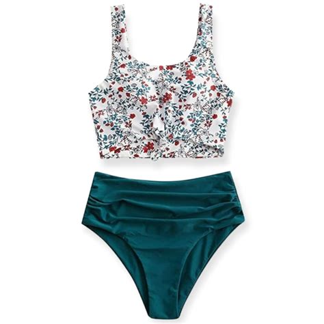 Zaful Swim Knot Scoop Neck Bikini Set Ruched High Waisted Two Piece Swimsuits Tanki Poshmark