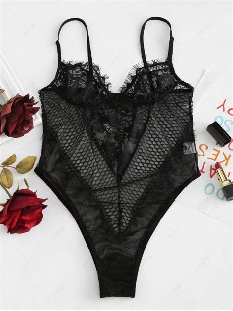 Off Snap Crotch Sheer Lace Teddy Lingerie Bodysuit In Black Zaful