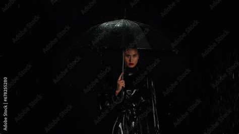 Elegant Brunette Female With Black Umbrella Posing Under The Rain At Night Seductive Stylish