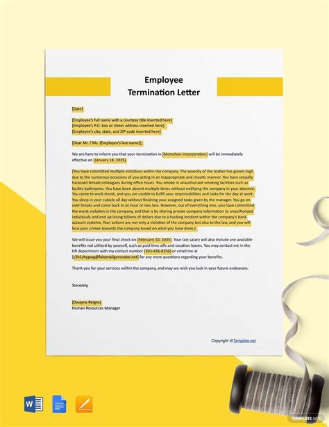 sample employee termination letter  word google docs pages