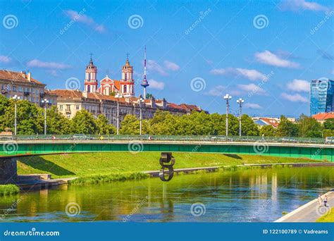 Vilnius Lithuania, July 19 2018: Vilnius City View with Neris River, Green Bridge in Vilnius ...