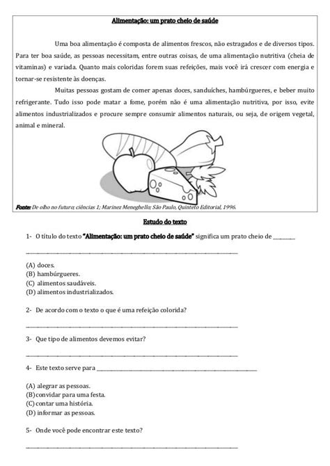 Texto Sobre Alimentação Saudável Com Interpretação 3 Ano - Leitura e interpretação de texto na alfabetização (alimentação saudável ...