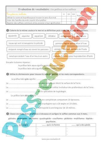 Bilan Pour Le Cm Sur Les Pr Fixes Et Les Suffixes Evaluation Avec