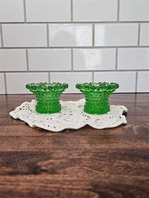 Uranium Glass Hobnail Candlestick Holders Vintage Candle Holders Glows Under Blacklight Etsy