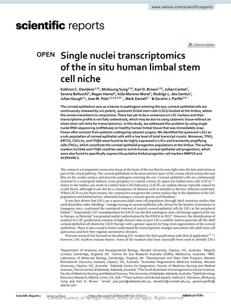 Pdf Single Nuclei Transcriptomics Of The In Situ Human Limbal Stem Cell Niche