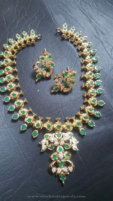 Gold Plated Green Stone Necklace South India Jewels