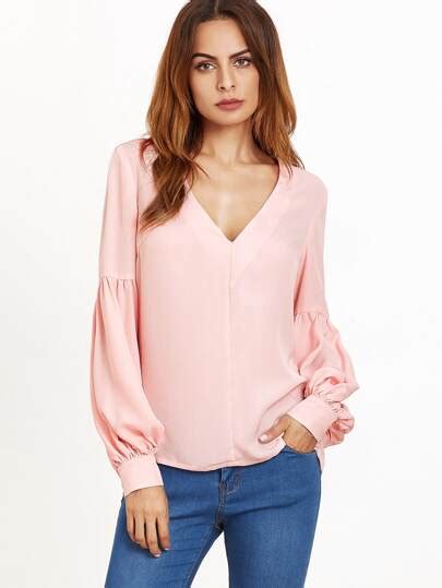 V Neckline Bishop Sleeve Top Shein Sheinside