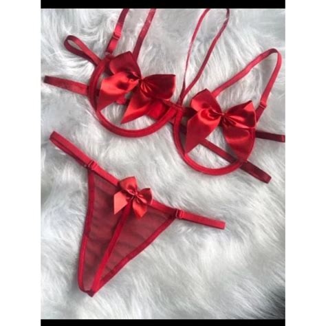 Conjunto Feminino Fio Dental Laço e Tule Transparente Lingerie Erotica