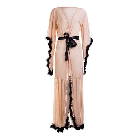 Fashion Women Lace Lingerie Sheer Robe Kimono Full Sleeve Night Dress Gown Mesh Fur Babydolls